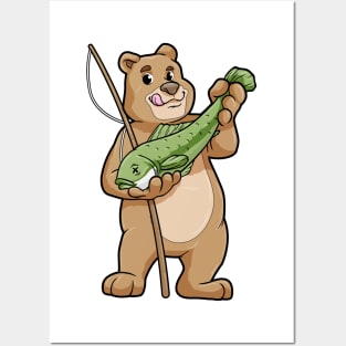 Bear at Fishing with Fishing rod and Fish Posters and Art